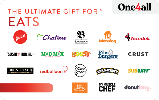 One Gift, Thousands of Choices! Whether its casual family dining, a lunchtime treat, chocolate, chocolate and a bit more chocolate or thirst-quenching juices and smoothies, The Ultimate Gift for Eats is perfect for many occasions and redeemable at 1,000s of locations. Give the gift of choice from leading dining venues like Nandos, Subway, Chatime, Grill'd, San Churro, Boost Juice, Schnitz, Menulog, and many more with The Ultimate Gift for Eats. For a full list of participating retailers and how to redeem visit www.ultimategiftcards.com.au