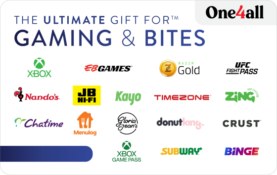One Gift, Thousands of Choices! A world of gaming awaits! The ultimate gift for the gamer (or you) in your life! Satisfy any food craving while having fun on your favourite gaming platform. Give the gift of choice from leading gaming and dining partners like JB HiFi, Menulog, Kayo, Subway, Timezone, Roblox, PlayStation, EB Games, and many more with The Ultimate Gift for Gaming & Bites. For a full list of participating retailers and how to redeem visit www.ultimategiftcards.com.au